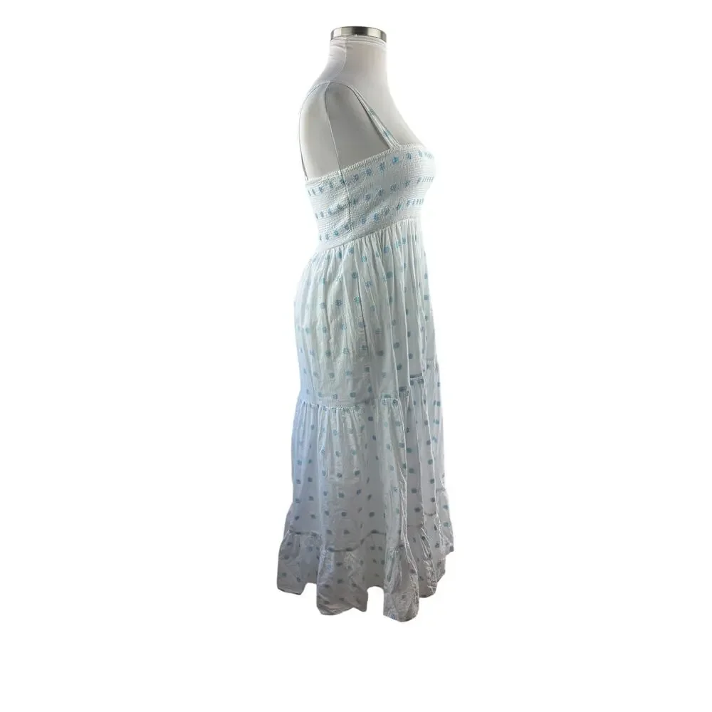 Zara Floral Embroidered Tiered Maxi Sundress Smocked White Blue Dress Size Large - Picture 9 of 16
